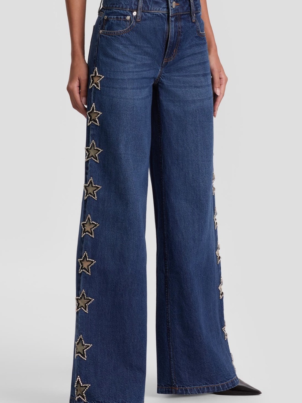 Alice + Olivia Indigo Wide-Leg Jeans with Star Stud Trim cutout